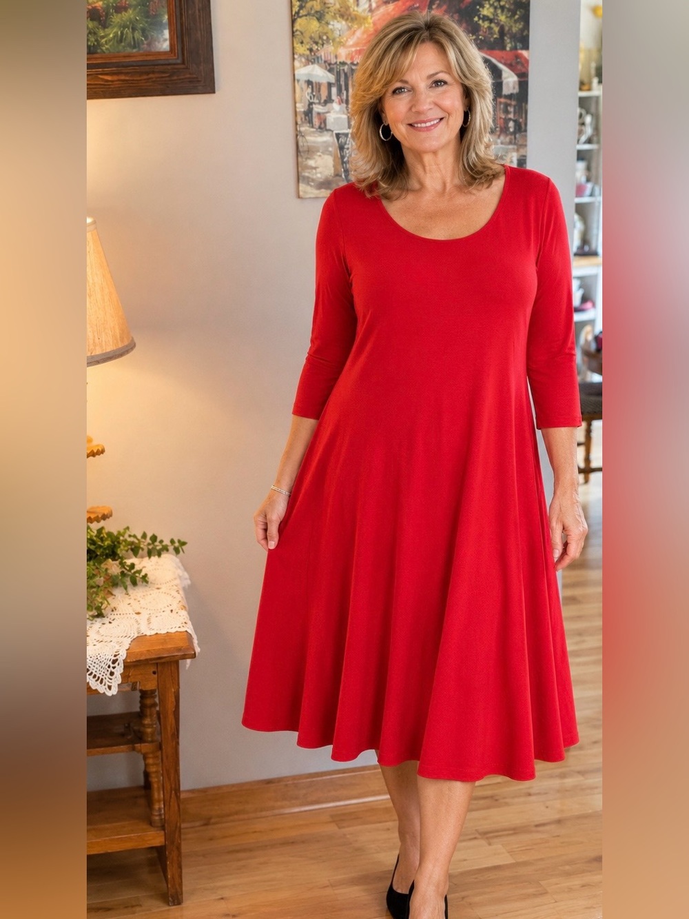 Red Scoop Neck Women's Dress